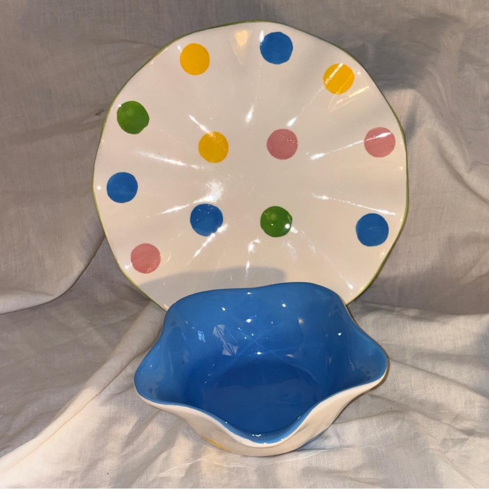 Y2K Polka Dot Snack Set – Colorful Ceramic Bowl & Plate
